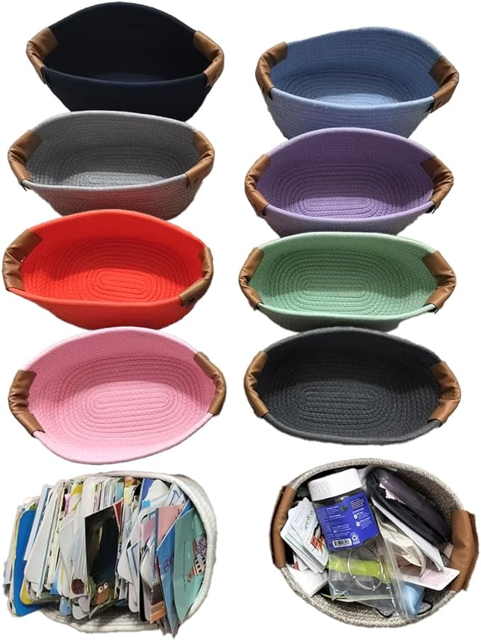 Small Cotton Woven Basket with PU Leather Handle, Baby Kids Clothes Toys Candy Gifts Cotton Rope Organizer, Living Room Basket Bathroom Shower Storage Laundry Basket, Dog Cat Bed, Cute Decor, Green