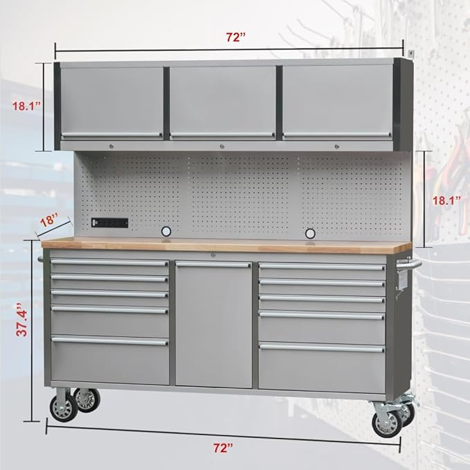 2 Pack - 72" Stainless Steel Rolling Tool Chest with 11 Drawers + 3 Upper Cabinets, Large Lockable Storage Cabinet, Mobile Workbench with Wheels for Garage Workshop (2 × HTC7214W1)