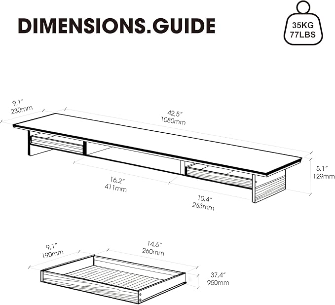 Fenge Dual Monitor Stand with Drawer, 42.5 Inch Large Monitor Riser with Acrylic Legs Supports, Computer Stand for Desk, 2 Tier Wood Desk Shelf with Storage Organizer for PC, Laptop, Printer, TV