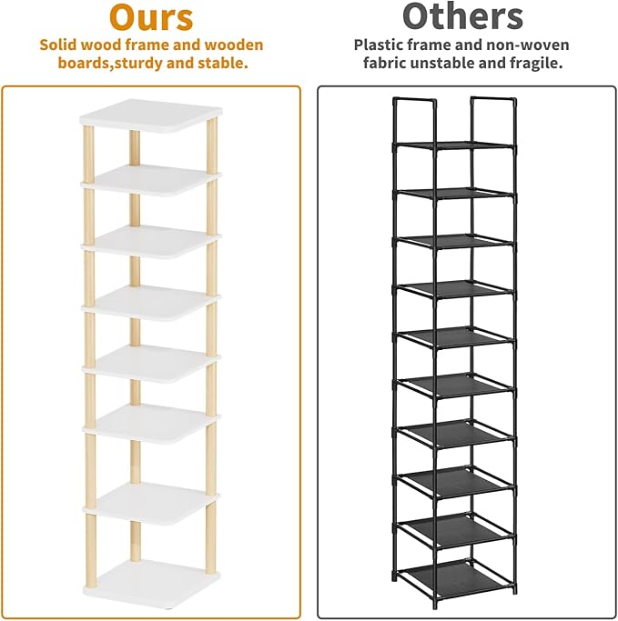 LUCKNOCK Vertical Shoe Rack, 8-Tier Tall Narrow Shoe Organizer for Entryway, Closet, Dorm & Small Spaces, Freestanding White Wooden Shoe Shelf Tower for Boots, Sneakers, Heels.