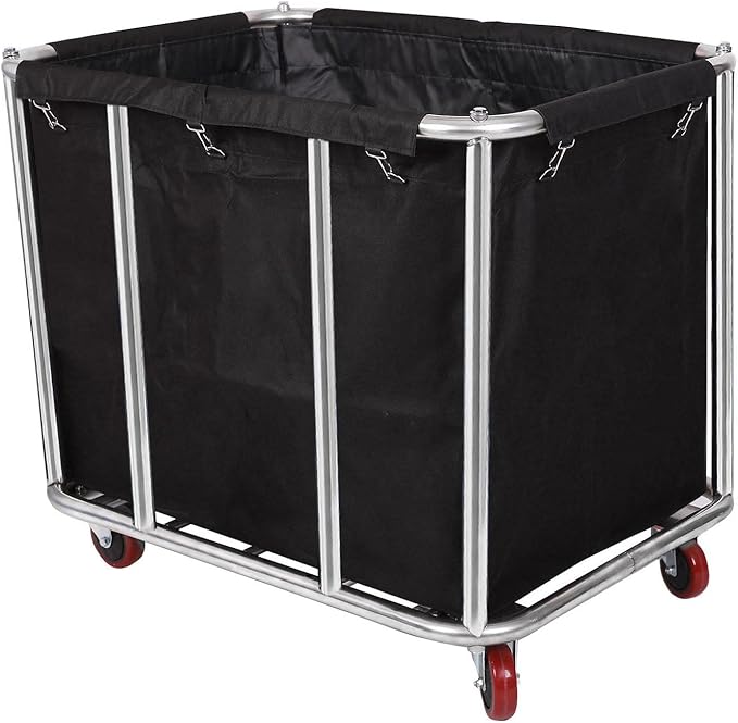 12 Bushels Laundry Cart Commercial/Home,Heavy Duty Large Stainless Steel Rolling Laundry Basket with Wheels，for Laundry Organizer and Storage,260LBS Load (12 Bushels - Black - 8 Tubes)