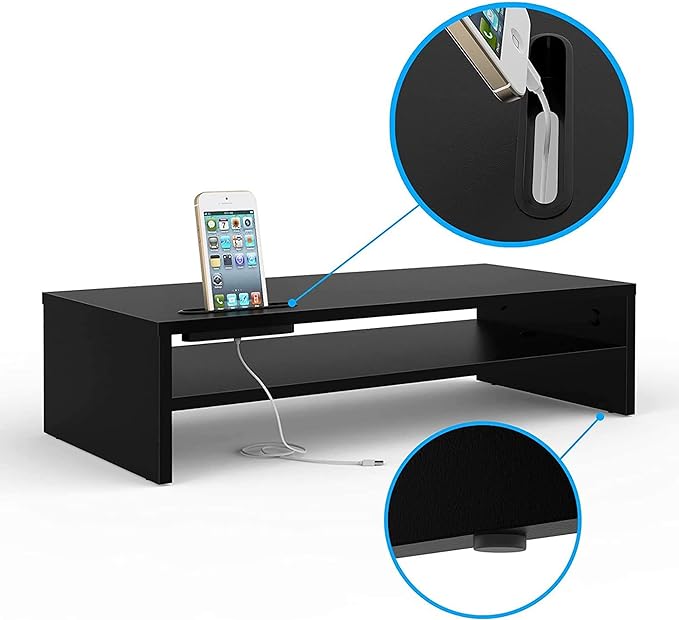 BONTEC Wood Monitor Stand Riser, 2-Tier Desktop Organizer with Storage, Ergonomic Computer Stand for Desk, Cable Management, Cellphone Holder, 21.3 Inch Shelf, Black