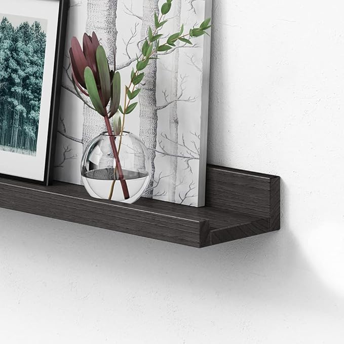Forbena 24 Inch Long Picture Ledge Shelf Set of 4, Black Wood Floating Shelves with Lip for Wall, Rustic Display Shelves for Living Room Bedroom Bathroom Office Photo Frames Plants Books Art Decor