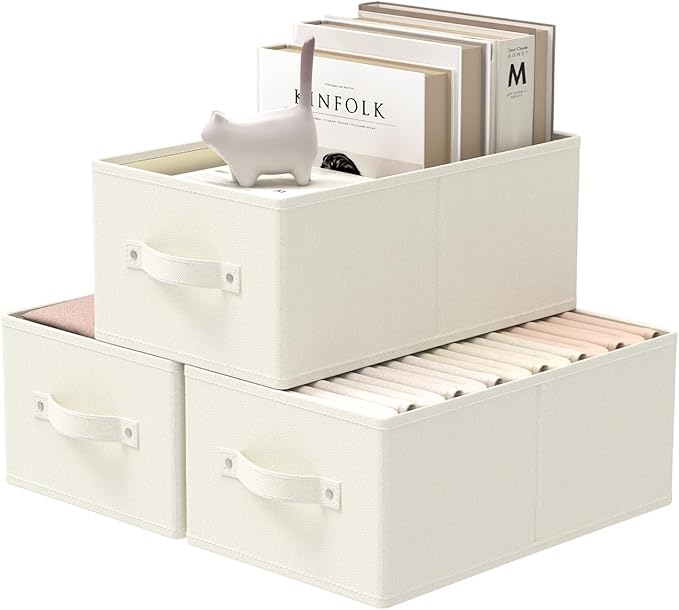 Storage Bins, 3 Pack Foldable Cloth Basket, Cube Organizer with 2 Handles, Suitable for bedrooms, living rooms, wardrobes, and workspaces, Beige, 13 x 9.1 x 5.5 In, XSNY11BES-3