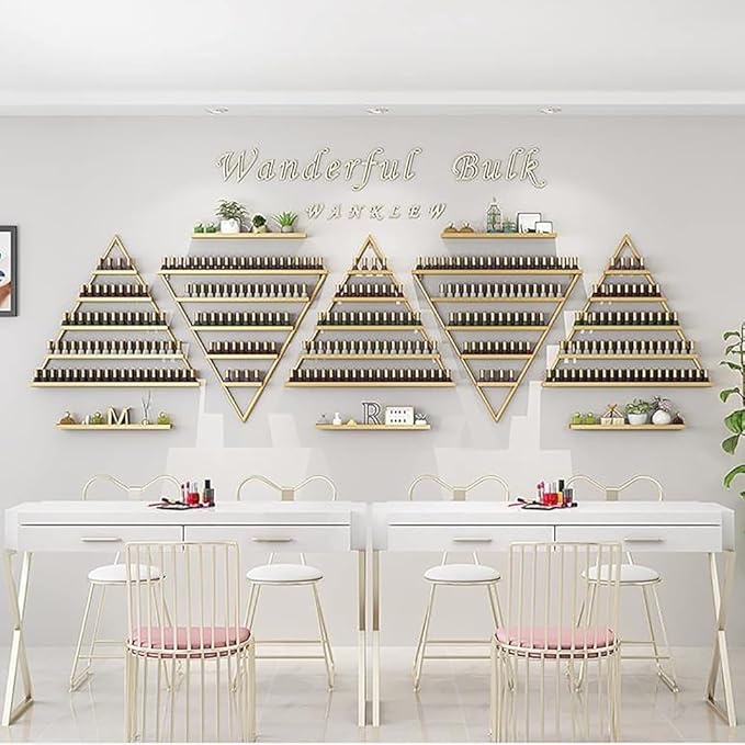Wall Mounted Shelf Nail Polish Bottle Display Rack, Triangular Essential Oil Perfume Storage Rack, Multifunctional Hanging Salon/Beauty/Nail Shop Organizer Perfume Holder(Size:1,Color:Gold)