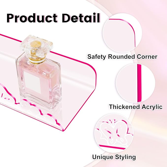 Floating Shelves for Wall,4 Pack 15.7’’x 3.5’’Adhesive Acrylic Shelves Organizer for Book Toy Photo Makeup,Wall-Mounted Kids Storage for Bathroom,Bedroom,Nursery,Pink Butterfly