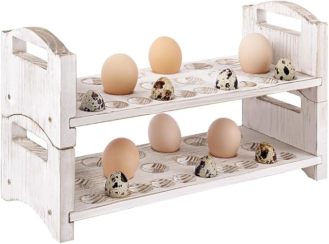 Wooden Egg Holder 2 Layer Fresh Egg Rack Holders Countertop Stackable Quail Egg Sorter Storage Trays Organizer Display Stand Kitchen Rack, Fits Duck, Turkey, Chicken Eggs,up to 36 Eggs, 2 Tier-White