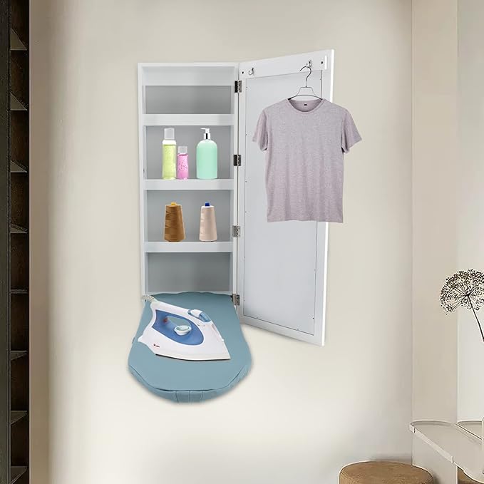 Wall Mounted Ironing Board with Storage Cabinet Built in Swivel Ironing Board with 3Tier Shelf & Dressing Mirror for Home Apartment & Small Spaces