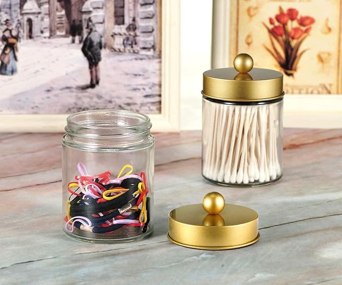 Amolliar 6Pc Apothecary Jars Bathroom Vanity Organizer- Rustic Farmhouse Decor Storage Canister with Stainless Steel Lids- Qtip Dispenser Holder for Q-Tips,Cotton Swabs,Rounds,Ball,Flossers (Gold)