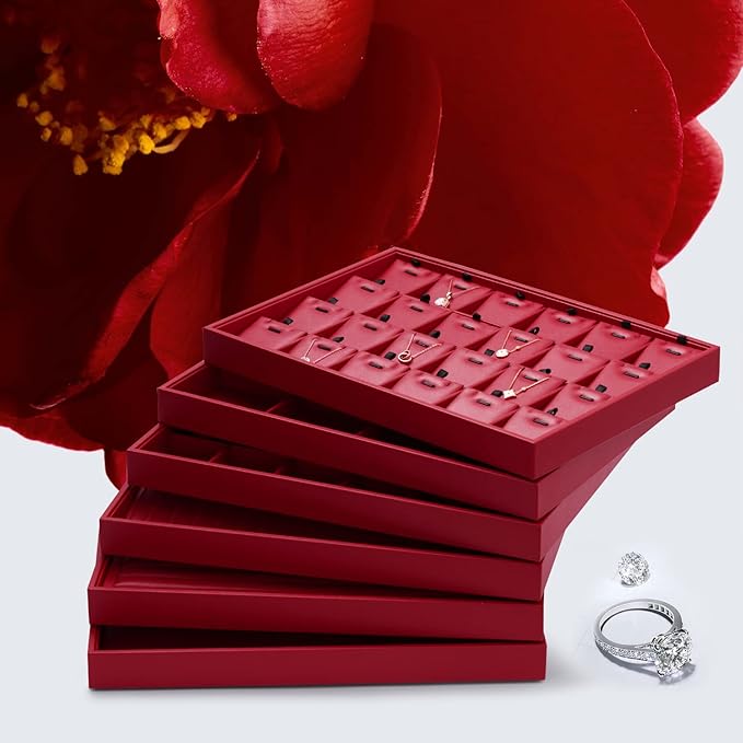 Oirlv Gorgeous Red Leather Ring Organizer Tray Jewelry Display Tray Stackable Jewelry Organizer Plate