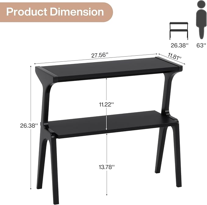 Solid Wood End Table, 2-Tier Side Table with Storage Shelf, Wooden Modern Accent Slim Bedside Table for Sofa, Living Room, Bedroom, Small Space, Easy Assembly, Black