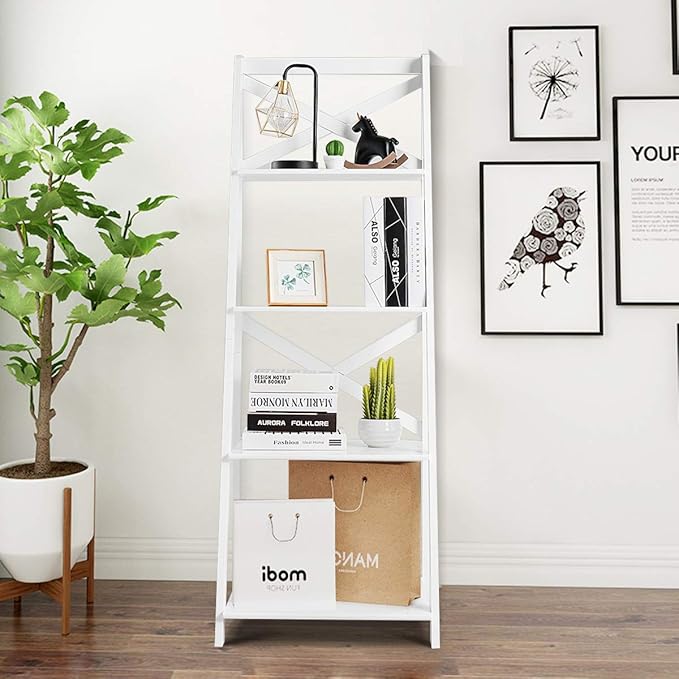 Tangkula 4-Tier Ladder Shelf Bookcase Leaning Free Standing Wooden Frame Decor Bookshelf Storage Flower Shelf Plant Display Shelf for Home Office (White, 2)