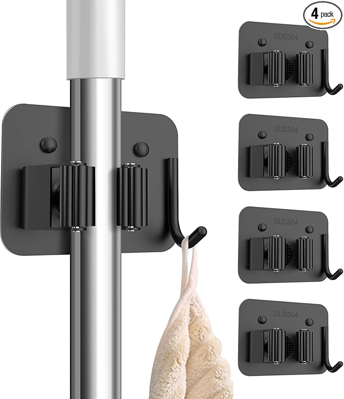 nacena Broom Holder Wall Mount, 4 Packs Black Stainless Steel Mop and Broom Hanger with Hooks Heavy Duty Broom and Mop Organizer Wall Hanging for Bathroom