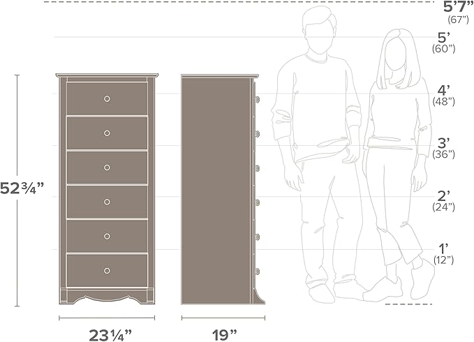 Prepac Salt Spring Rustic 6-Drawer Tall Dresser for Bedroom, Farmhouse Dresser Chest of Drawers 19" D x 23.25" W x 52.75" H, Drifted Gray, DDC-2354