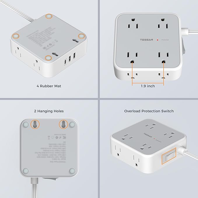 TESSAN Surge Protector Power Strip Flat Plug, Long Extension Cord 10 FT with 8 Outlets, 3 USB Ports(1 USB C), 3-Sided Outlet Extender, 900 Joules Protection, Desk Charging Station for Home, Office