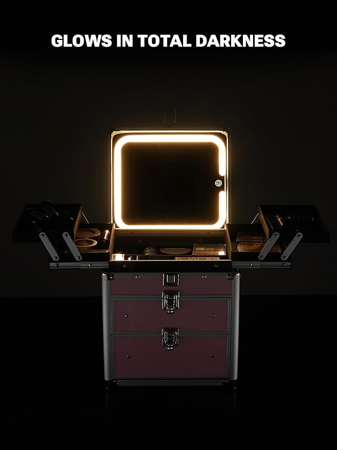 Qislee Makeup Box with Double Drawers and Four Trays, A Detachable Lighted Mirror, Waterproof Travel Train Case, Cosmetic Organizer and Makeup Suitcase with Magnetic LED Mirror(Bright White)