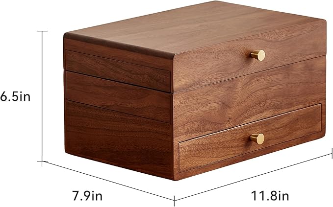 CHOSIN Black Walnut Wooden Jewelry Box for Women, 3 Level Multi-functional Drawer Organizer Box Watch Necklace Ring Earring Storage