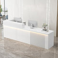 Receptionist Desk with LED Light，Wooden Salon Checkout Counter with Storage Drawer & Keyboard Tray Modern L-Shaped Reception Desk for Barbershop Office Company Store