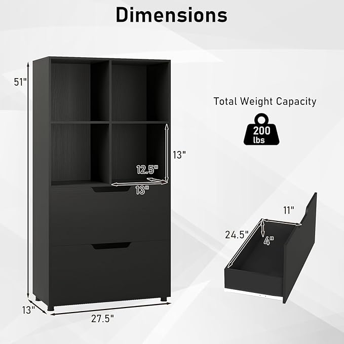 Giantex Bookcase with 2 Drawers, 51” Tall Floor Bookshelf w/4 Cubes, Anti-tip Kits, Freestanding Display Rack, Cubby Storage Organizer for Study, Living Room, Home Office, Black