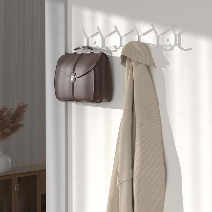 Coat Rack Wall Mount Hooks - 15 Inch Matte White Metal 6-Hook Organizer Wall Mounted, Modern Kids Room, Entryway & Bathroom Hanger for Beach Towels, Coats, Purses, Bags (2 Pack)