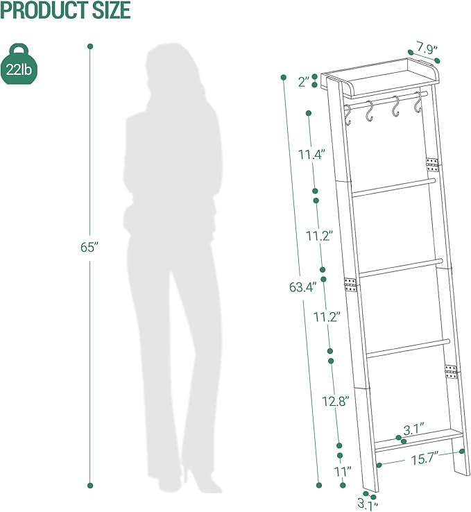 Blanket Ladder Shelf, Decorative Quilt Rack,6-Tier Farmhouse Ladder Holder Organizer with 4 Removable Hooks, Greige BR35805B