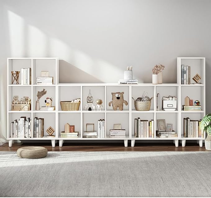 IOTXY Open Cube Low Bookcase - 2-Tier Freestanding Storage Display Cabinet Organizer with Legs for Home Office, 4-Cubes Open Shelf Short Bookshelf, White