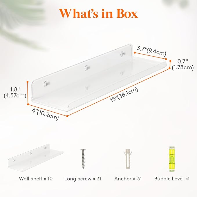 Lifewit Floating Shelves for Wall, 10 Pack Clear Acrylic Shelf 15" Room Decor for Bookcase/Vinyl Record Display/Photo/Picture in Bedroom, Living Room, Bathroom, Kitchen Storage and Organization