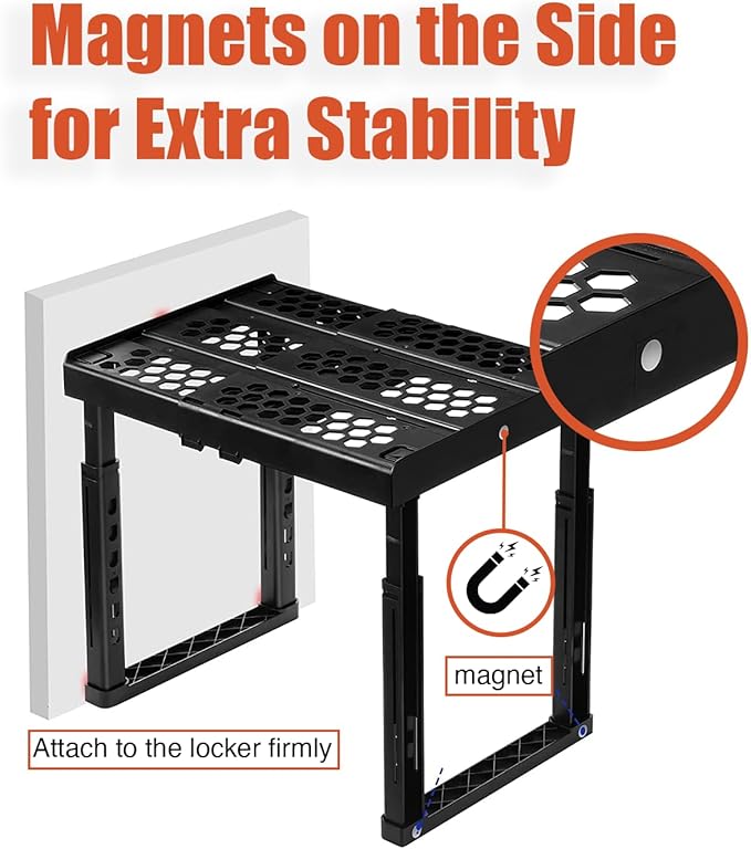 Locker Organizer Shelf， Adjustable Width and Height, Stackable, Ideal Locker Shelf for School, Office, Gym Lockers, or Even Kitchen Cabinets & Under Sink Organization(White 2 Pack)