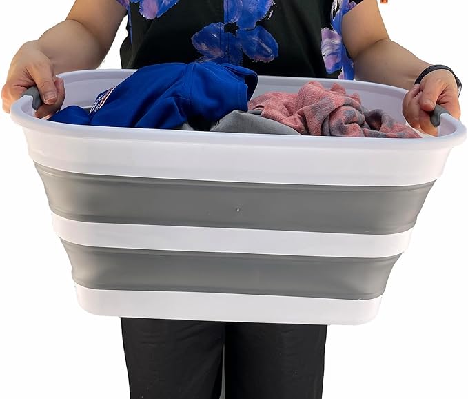 SAMMART Collapsible Plastic Laundry Basket with Dual Grip Handles 27L (7.1 Gallons) -Foldable Pop Up Storage Container/Organizer - Portable Space Saving Washing Tub/Hamper (1, White/Steel Grey)