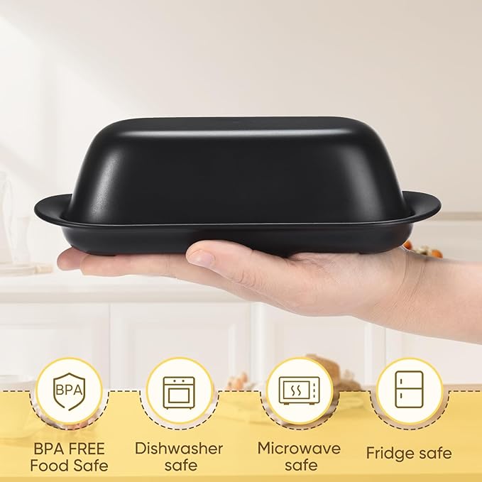 Butter Dish with Lid, Butter Keeper for Countertop, Airtight Butter Dish, Plastic Butter Keeper Tray for West/ East Coast Butter, Dishwasher Safe(Black)