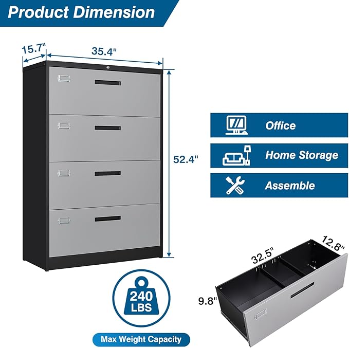 4 Drawer File Cabinet, Lateral Filing Cabinets for Home Office, Office Storage Drawers with Lock, Hanging Files Legal/Letter A4 Size (Assemble Required,Black Grey)