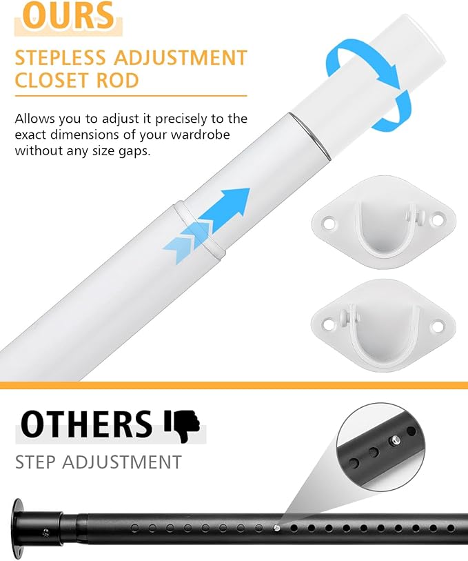 Closet Rod, 17 to 39 Inch Heavy Duty Adjustable Metal Clothing Rack for Hanging Clothes, Closet Poles for Wardrobes, Laundry, Durable Steel, White