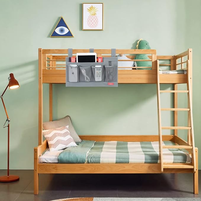 Hanging Bedside Caddy, Bedside Storage Organizer for Magazine, Phone, Remote control (6 Pockets-Grey)