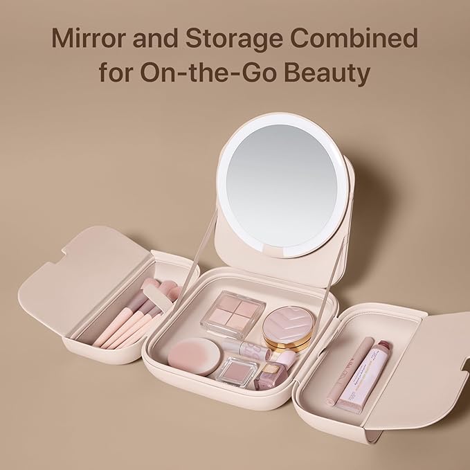 AMIRO M2 Cude Travel Makeup Bag with 5 Level Brightness & 3 Color LED Mirror, Portable Makeup Artist Organizer, Pink