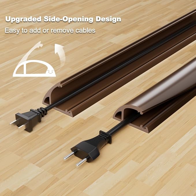 10FT Side-Open Extension Cord Covers for Wires on Floor,Silicone Power Cable Protector Cord Hider Management Strip,Hide Electric Wire on Carpet,Chord Runner Protective Safety Wiremold,Brown