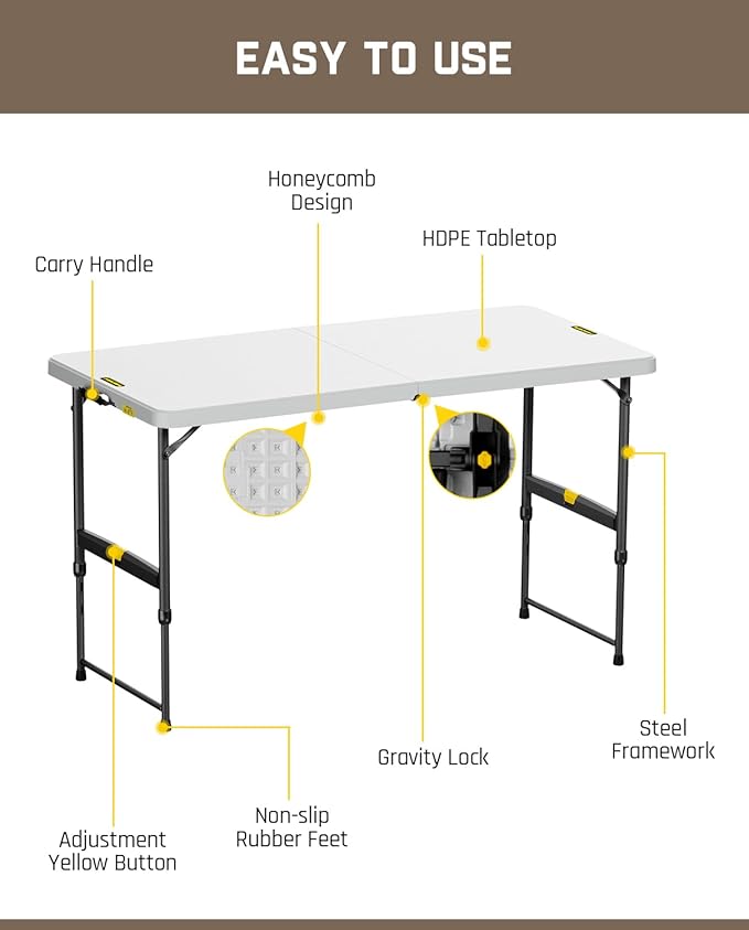 FanttikOutdoor 4ft Portable Folding Table, One-Handed Height Adjustment, 4 Heights, Gravity Lock, Carry Handle, Indoor Outdoor Heavy Duty Fold-in-Half Utility Table, Party, 1 Pack, White Zeta X4 Pro