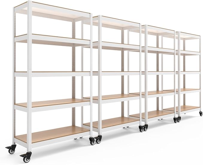 HOMEDANT House White 5-Tier Metal Rolling Cart Shelf Rack Casters Heavy Duty Wheel Shelving Unit Adjustable Utility Storage Shelves Organizer Shelf Kitchen Garage 36.2" W x 16.5" D x 69.5" H 4Pack