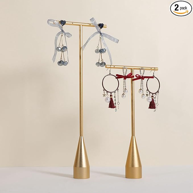 GemeShou 2pcs Gold earring display T bar stand, Big jewelry earring holders for Boutique Store, Jewelry holders high enough for long earring necklace【Gold-2pcs Height 7.9"and 11"-long horizontal bar】
