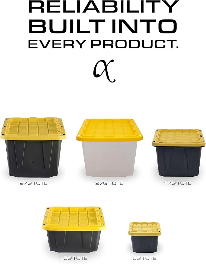 BLACK & YELLOW, 17-Gallon Heavy Duty Tough Storage Container & Snap-Tight Lid, (12.5H x 18W x 26.9D), Weather-Resistant Design and Stackable Organization Tote [4 Pack]
