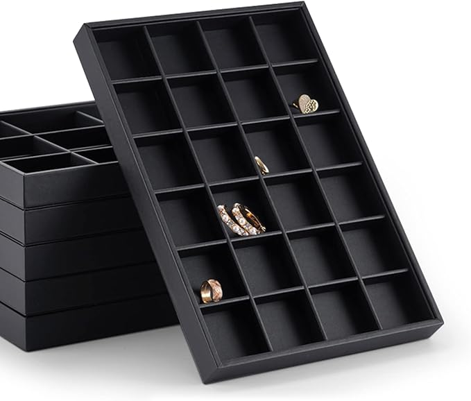 Stackable Jewelry Organizer Tray Premium PU Leather 24 Grid Jewelry Display Tray Trinket Earring Ring Organizer