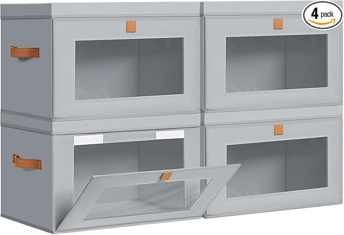 DIMJ Storage Bins with Lids - 4 Pack Large Fabric Closet Organizer with Window & Handles, Collapsible Decorative Storage Boxes for Shelves Under Bed, Books Clothes Blankets Sweaters Organization