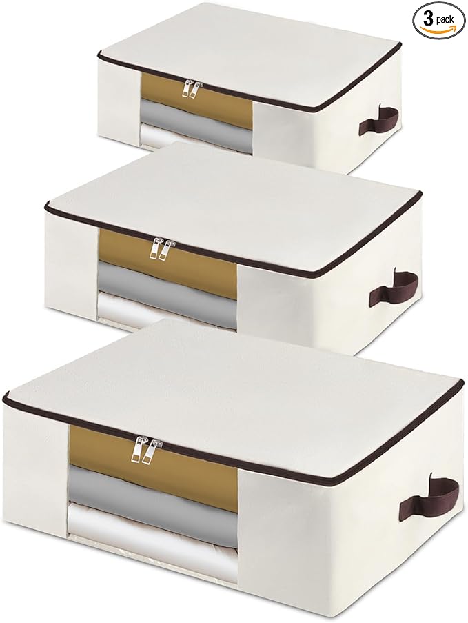 3-Pack 25.5x17.7x9 Inch Clear Window Storage Bags - Foldable Canvas Organizers for Clothes, Blankets & Pillows with Triple-Zip & Carry Handles - Beige Closet/RV Storage Solution