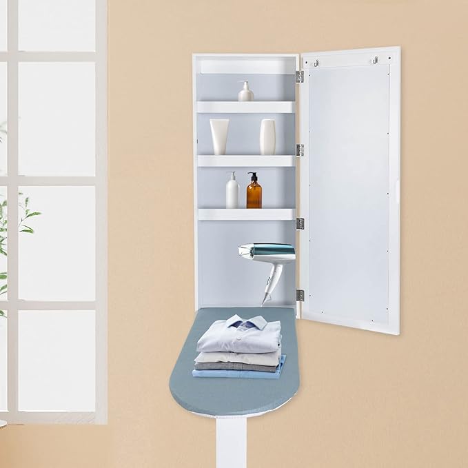 Wall Mounted Ironing Board Cabinet, Built-in Foldable Ironing Board & Folding Support Leg, Wall Ironing Boards with Mirror and 2 Hooks for Home, Apartment & Small Spaces