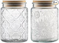 ANSQU Vintage Glass Jars Set Canister Airtight Storage Jar Container with Bamboo Wooden Lids for Kitchen Counter, Pantry, Coffee, Tea, Sugar, Cute Jar, 2 Pack 23.7 FL OZ (Begonia & Sunflower)