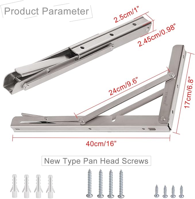 YUMORE Folding Shelf Brackets 16 Inch, Max Load: 330lb Heavy Duty Stainless Steel Collapsible Shelf Bracket for Table Work Bench, Space Saving DIY Bracket, Pack of 2