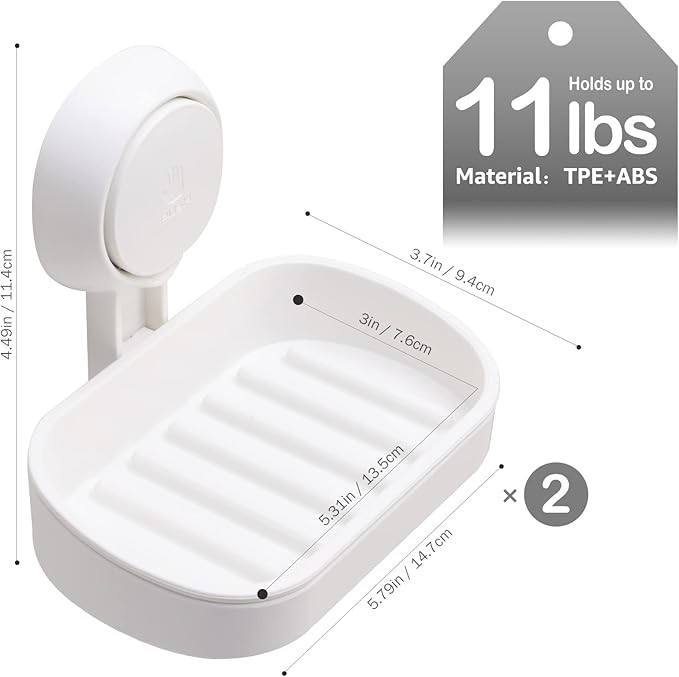 LEVERLOC Soap Holder Suction Cup for Shower, 2 Pack Bar Soap Dish Holder for Shower Wall Mounted NO-Drilling, Plastic Self Draining Removable Vacuum Suction for Bathroom Bathtub Sink
