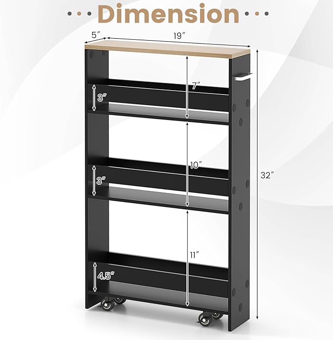 MAT EXPERT Slim Rolling Storage Cart, 4-Tier Freestanding Slim Storage Cart with Wheels 360 Degree & Metal Handle, Wooden Utility Cart for Narrow Kitchen, Laundry Room, Bathroom (Black + Natural)