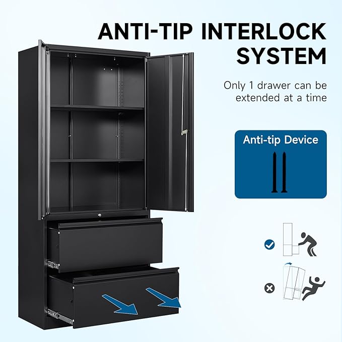 2-Drawer Metal File Cabinet, Lateral Vertical Filing Cabinets for Home Office, Locking File Cabinet with Storage Shelves, Legal/Letter/A4 Size Office File Cabinets (Black, Assemble Required)