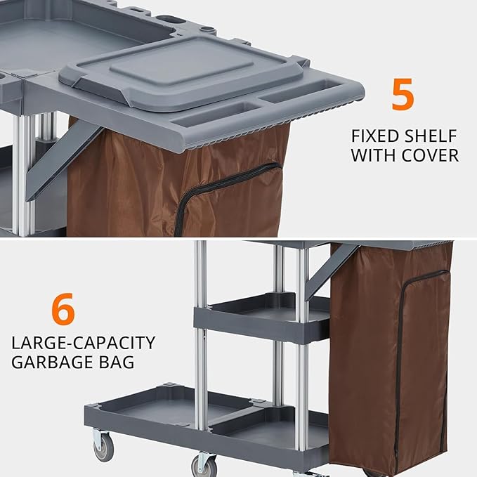 3 - Shelf Heavy - Duty Commercial Janitorial Cart with Wheels - 16 - Gallon Trash Bag Included, 220 Lbs Capacity, Perfect for Hotels, Schools, Apartments and More