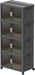 Stackable Storage Bins with Lid & Wheel, Folding Storage Cabinet with Door, Large Foldable Containers Plastic Collapsible Storage Boxes for Home, Pantry, Office (M, Gray 4-Tier)